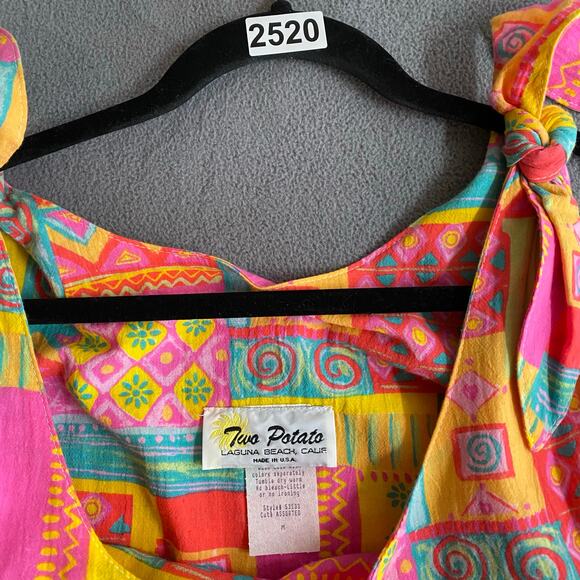 Vtg 80s 90s Two Potato Retro Artsy Midi Tiered Tie Shoulder Dress M Resort Wear - Picture 16 of 16